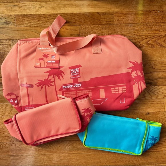 NWT - Large and Mini Trader Joe's Insulated Coral and Blue Tote Bag Bundle 2025 - Picture 1 of 10